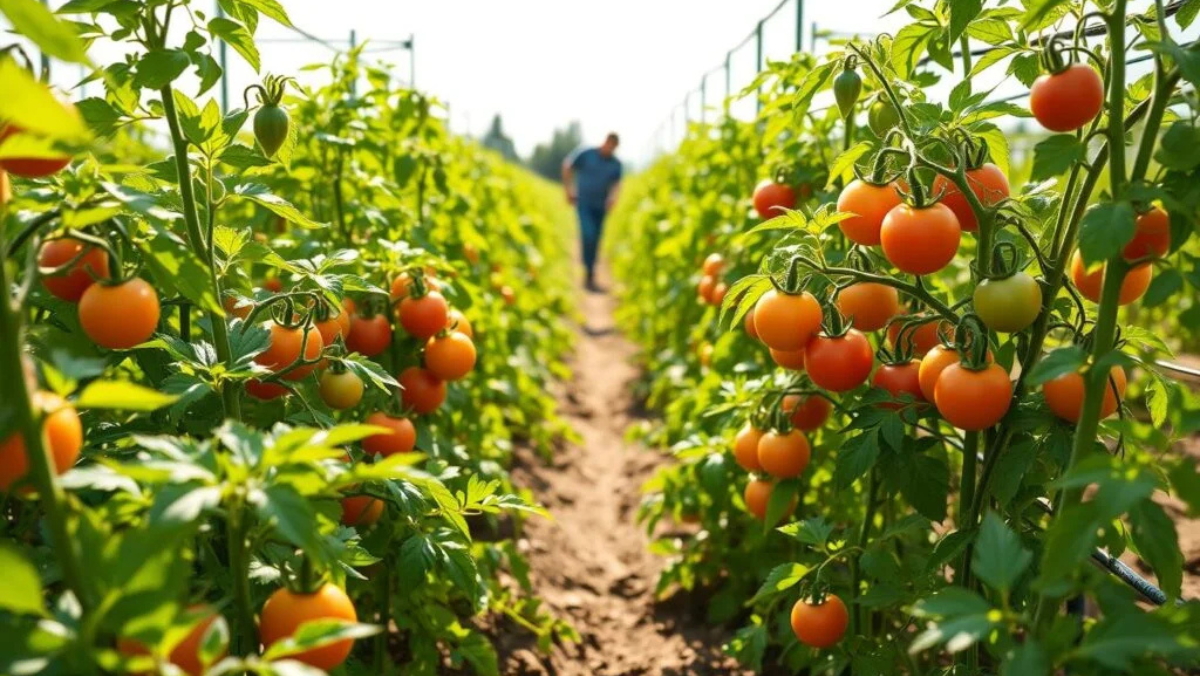 Rows of tomato plants growing in a sunny greenhouse with a farmer walking between them