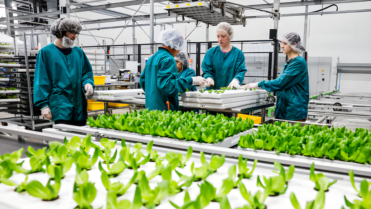 Workers inspecting leafy greens on indoor farming production line.