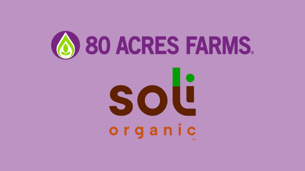 80 Acres Farms and Soli Organic logos representing a US vertical farming merger