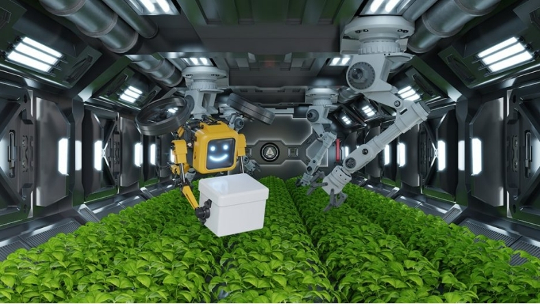 Robotic system operating in an indoor vertical farm growing leafy greens