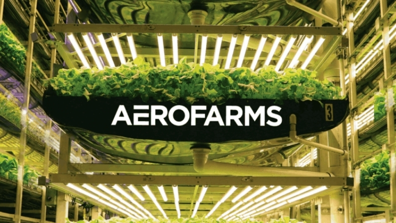 AeroFarms vertical farming system with stacked leafy greens under LED lights